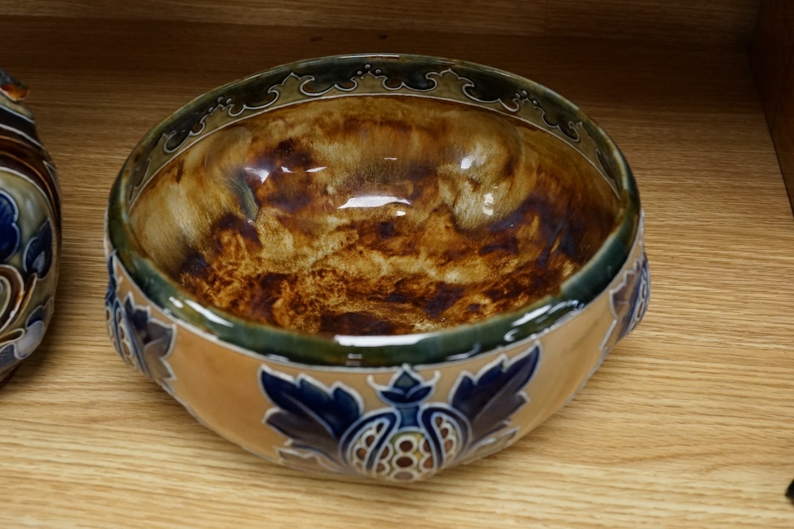 Mark V. Marshall, a Doulton Lambeth bowl, together with a Frank Butler jug, lacking handle, largest 25cm high